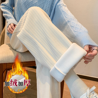 口袋款雪尼尔阔腿裤女加绒厚高腰秋冬宽松直筒休闲裤灯芯绒裤子