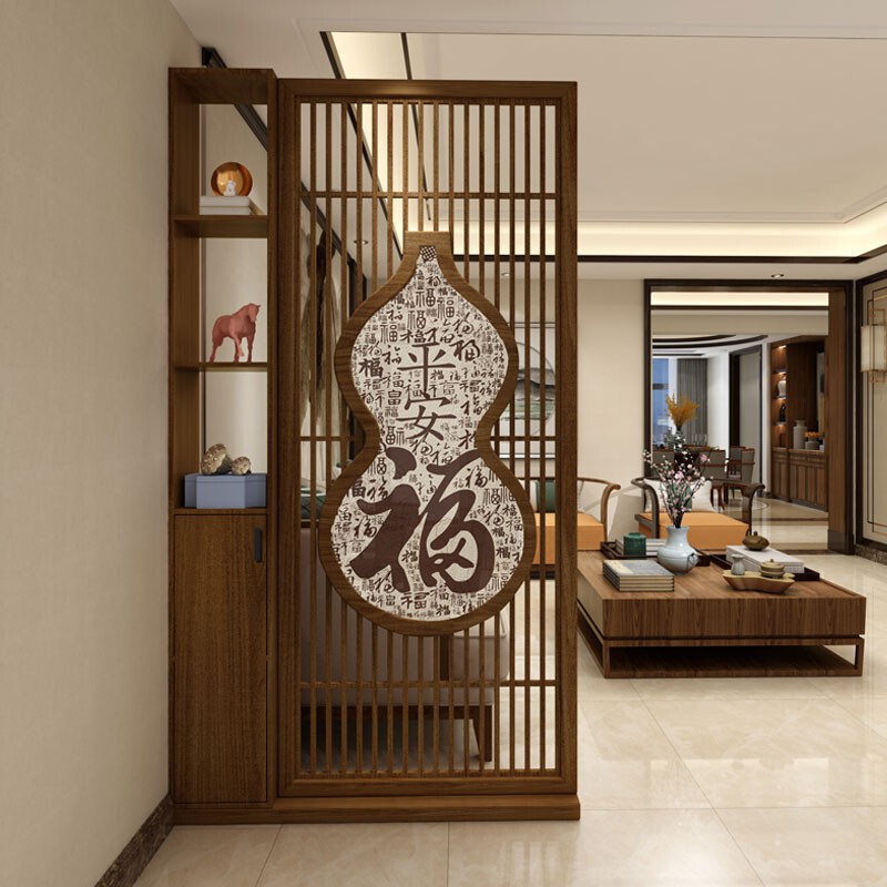 New Chinese-Style Gourd-Shaped Screen Partition for Living Room with "Fu" Character, Solid Wood Lattice Entryway Cabinet, Door Entry Solid Wood Partition