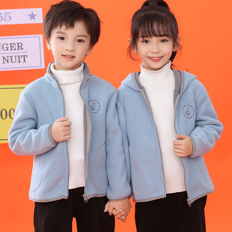 Children's Fleece Jacket Autumn And Winter Boys And Girls Clothes Tops Stand Collar With Hat Warm Coats