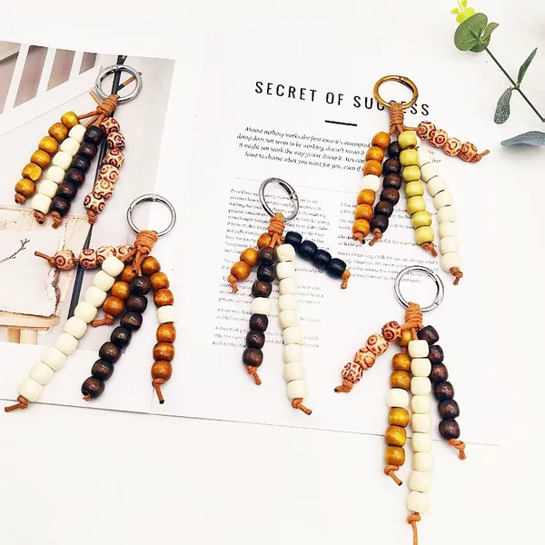 Retro Creative Ethnic Style Handmade Wooden Bead String Bag Pendant Car Keychain Pendant Accessories Ready for Sale