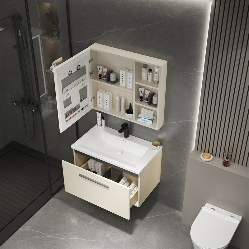 Moderno simple estilo crema de acero inoxidable inteligente espejo de maquillaje gabinete de cerámica integrado lavabo de baño gabinete de lavado de baño