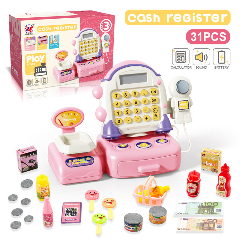 Simulación transfronteriza de niños supermercado de compras de escaneo de cálculo caja registradora juego de caja registradora de astronautas caseros juguetes