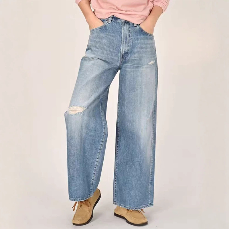 Spring and Summer New Style 45 Natural Waist Washed Blue Wide-Leg Straight Pants Thin Material Skin-Friendly Ripped Denim Long Pants for Women
