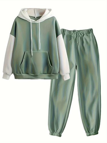 Amazon Women's 2024 Autumn/Winter New Color Block Hooded Sweatshirt Set with Kangaroo Pocket, European and American Cross-Border Foreign Trade Style