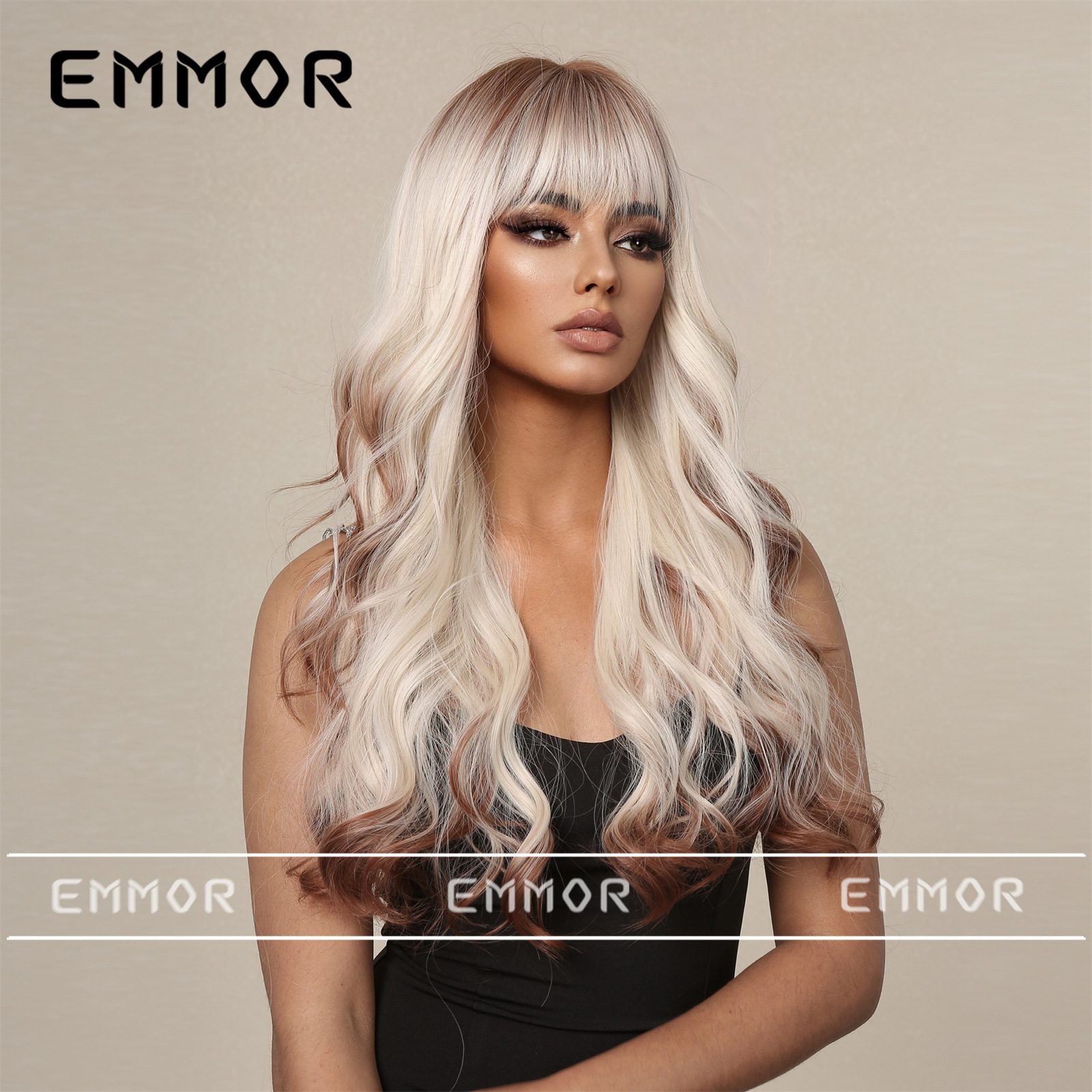 Europa y América nueva peluca femenina recta Bangs platino gradiente chocolate moda pelo Color onda grande Peluca de pelo rizado