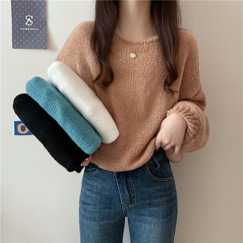 2022 Spring K-style Lantern Sleeve Lazy Style Niche Loose Versatile Thin Knitted Sweater Women's Outer Top