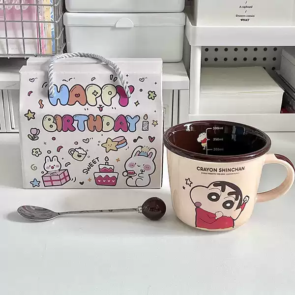 Crayon Shin-new Scerm Cup-Coffee Color+Ball Spoon+Graffiti Birthday Gift Box