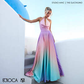 Ombre Satin Halter Neck Flowy Evening Gown 渐变挂脖大摆礼服