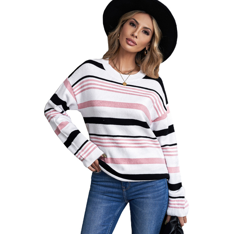 时颖跨境条纹毛衣女春秋新款落肩条纹宽松毛衣女圆领撞色针织衫女