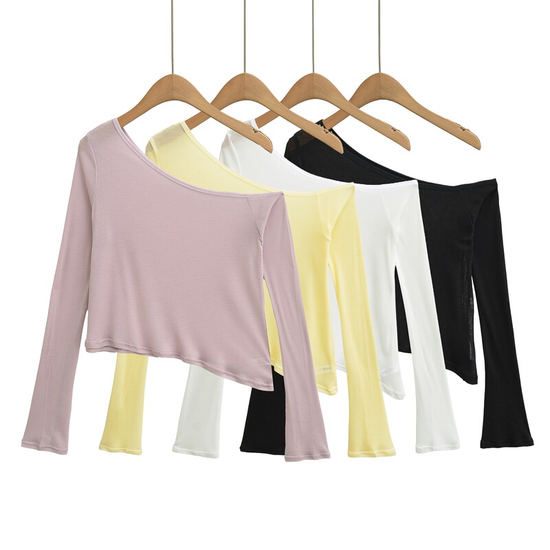 Spicy girl style one-shoulder lace collar long-sleeve top for women, early autumn asymmetrical hem short cropped semi-sheer knit T-shirt Spicy girl style one-shoulder lace collar long-sleeve top for women, early autumn asymmetrical hem short cropped semi-sheer knit T-shirt