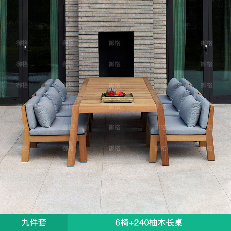 Mesa y silla de teca al aire libre patio al aire libre jardín impermeable muebles de ocio villa diseñador de protección solar mesa larga de madera maciza