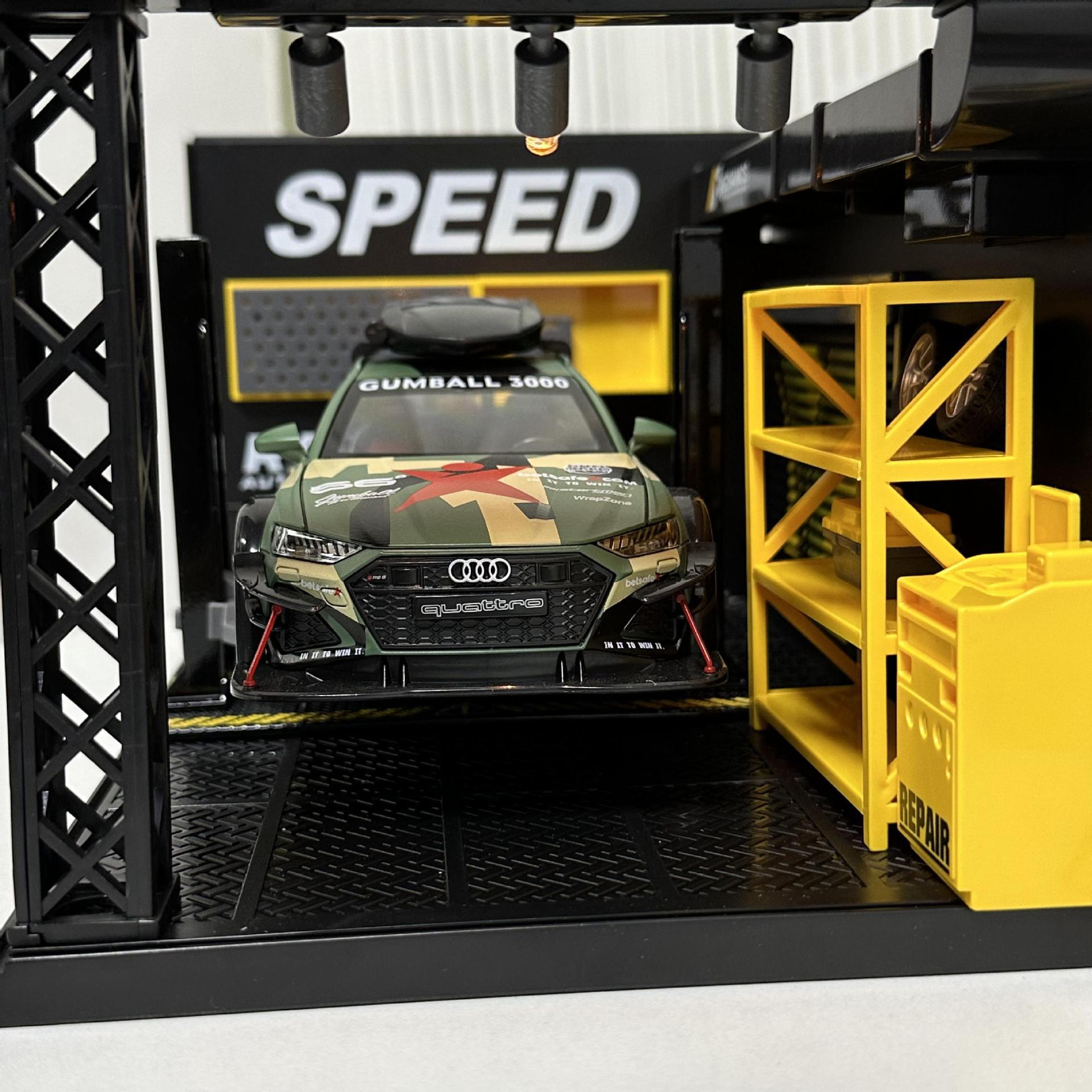 Aleación 1 a 24 modelo de coche DIY escena reparación tienda de elevación de juguete con luz edificio modelo pantalla acrílico adornos