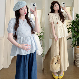 2025 Summer New Fashion Embroidered Fresh and Pregnant Belly Covering Loose Top Wide Leg Pants Outer Wear Pregnant Women's suit