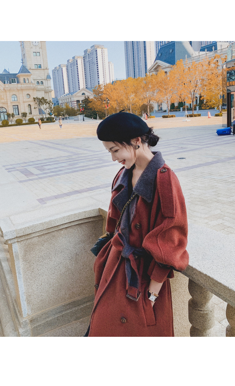 Women's Long Woolen Coat Brick Red Hepburn Style Winter Overcoat_voghion.com