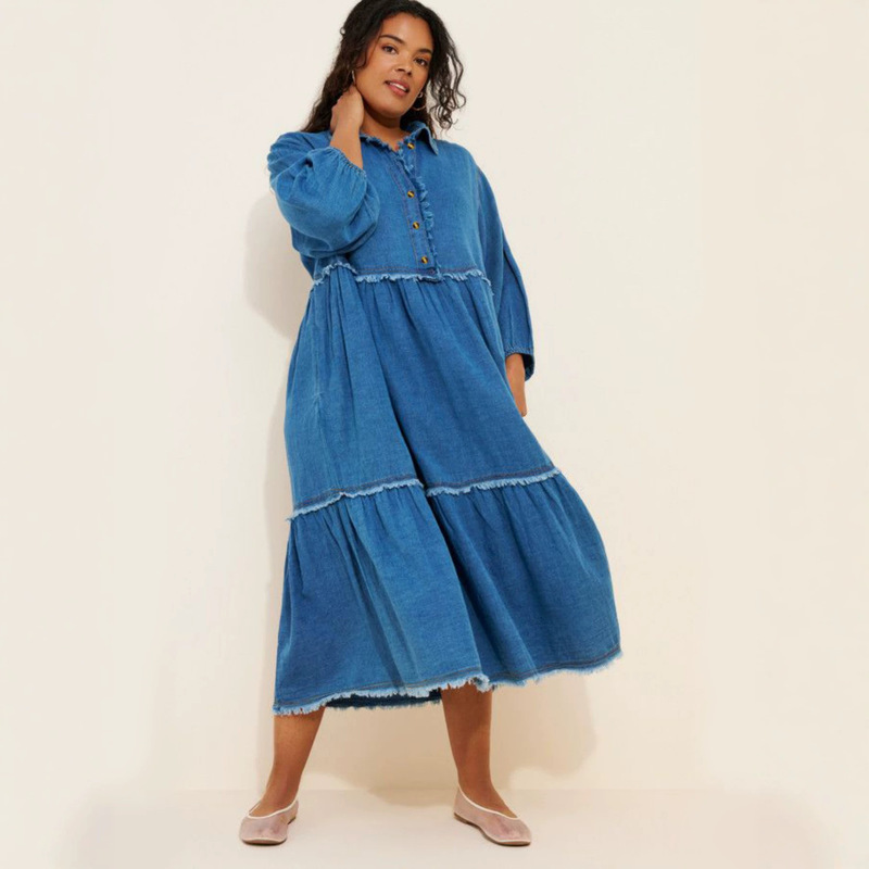 Cross-Border Trade Vintage Layered Loose Babydoll-Style Denim Dress for Women with Raw Edge Patchwork Design Cross-Border Trade Vintage Layered Loose Babydoll-Style Denim Dress for Women with Raw Edge Patchwork Design