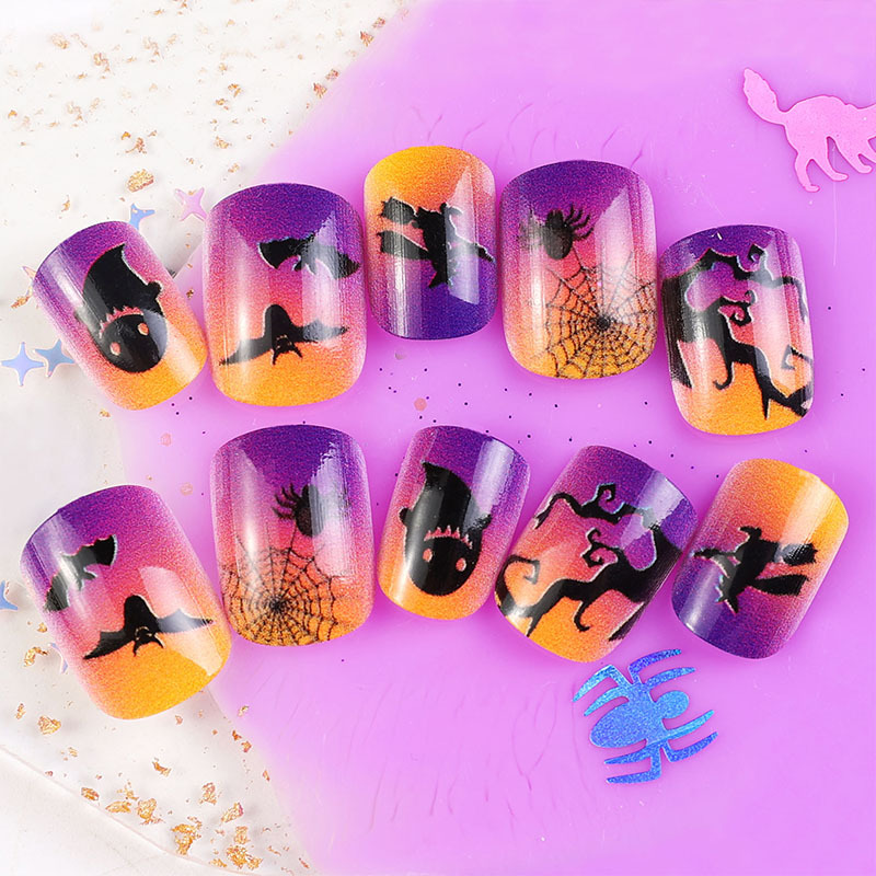 Uñas parche desgaste uñas UÑAS DE Halloween púrpura francés borde negro fantasma murciélago telaraña desgaste manicura de uñas