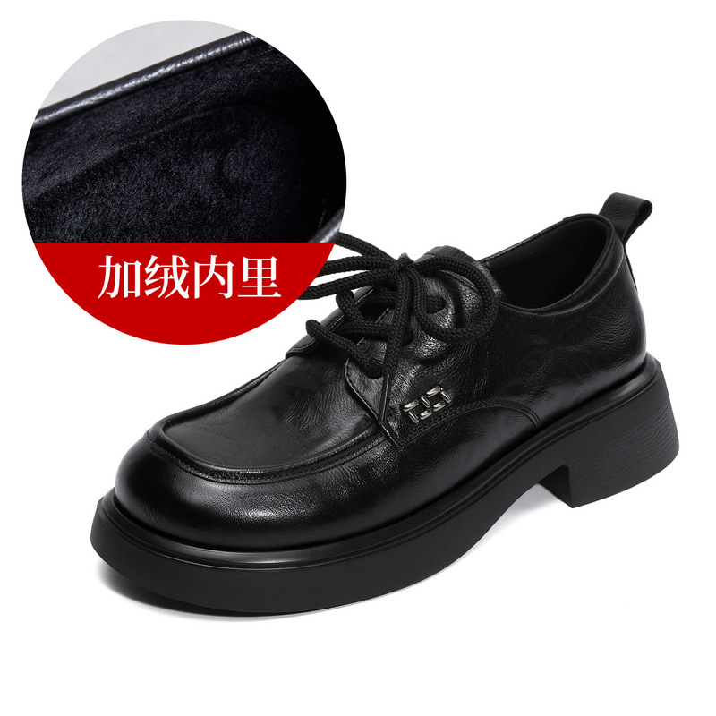 头层牛皮圆头系带乐福鞋女2025秋季新款轻奢手抓纹深口单鞋小皮鞋|undefined