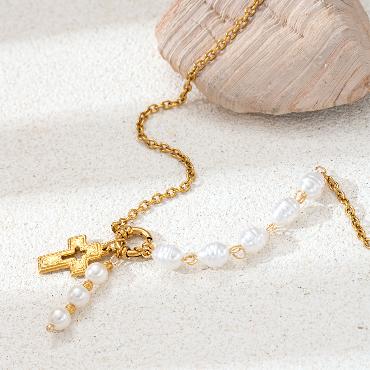 TENA Europa y América collar de acero inoxidable lujo ligero nicho cruces de perlas verdaderas cadenas de clavículas joyería al por mayor