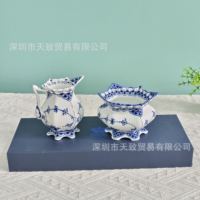 New Chinese-style blue and white porcelain, openwork bone china milk jug and sugar bowl set, afternoon tea set, housewarming gift, factory wholesale