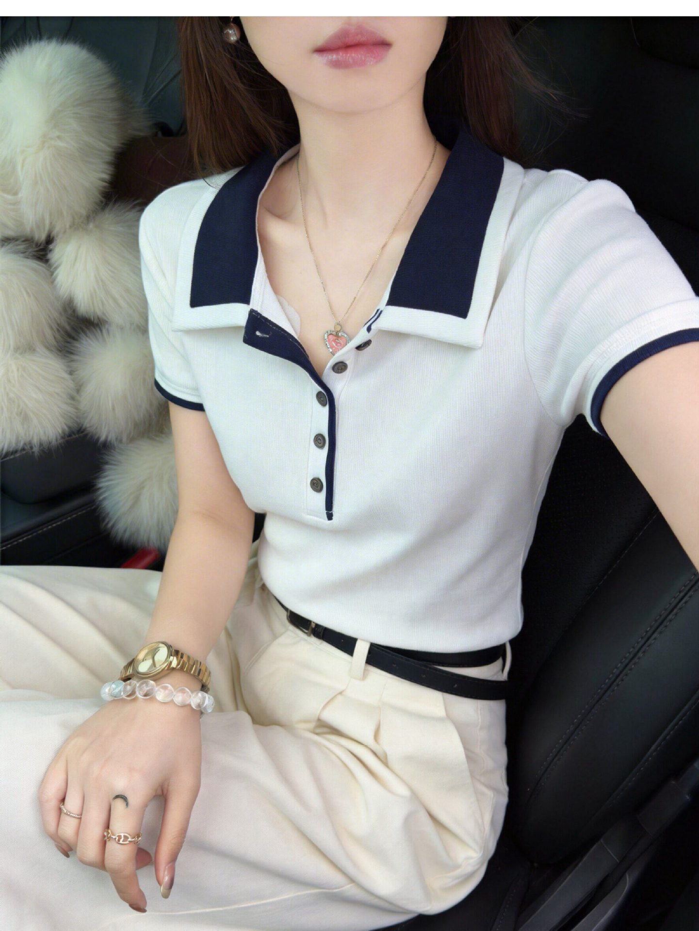 Áo thun polo nữ cổ bẻ tay ngắn dệt kim cài nút form ôm — Màu ảnh chi tiết 2