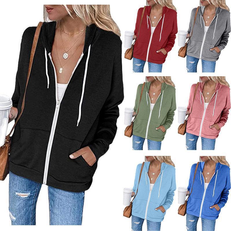 European and American Cross-border Women's Clothing Amazon Solid Color Long Sleeve Pocket Drawstring Hooded Zipper Thickened Sweater Women's Cardigan