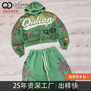 源头定制潮牌连帽卫衣套装情侣款火焰涂鸦烫钻做旧阔腿卫裤套装