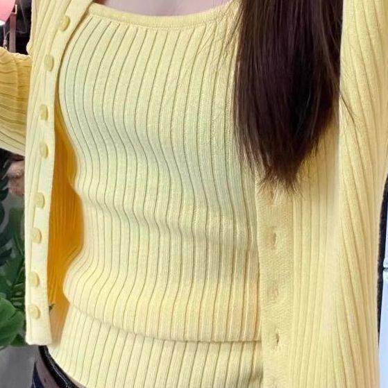 韩系减龄套装女春秋新款长袖纽扣宽松针织开衫纯色修身内搭两件套|undefined