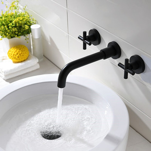 Brass concealed double three-hole faucet bathroom hidden wall embedded wall row Black hot and cold basin faucet