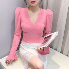 实拍春季韩版洋气春日粉女上衣长袖纯色T恤修身显瘦时尚小衫代发