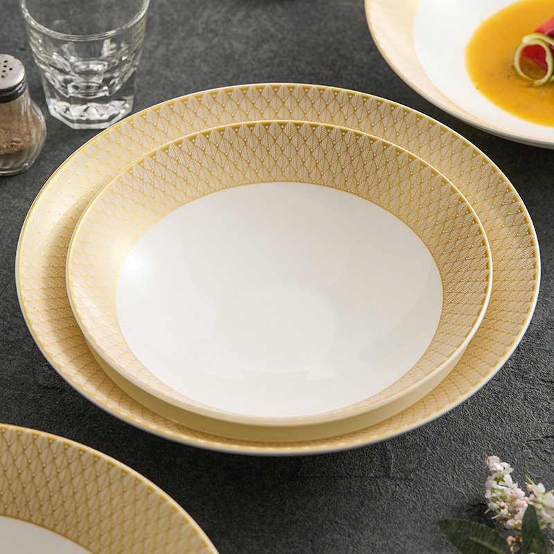 Factory Wanli Golden Ceramic Plate, High-End Gold-Painted Western-Style Dinner Plate, Hotel Artistic Conception Dish, Creative Soup Plate Factory Wanli Golden Ceramic Plate, High-End Gold-Painted Western-Style Dinner Plate, Hotel Artistic Conception Dish, Creative Soup Plate