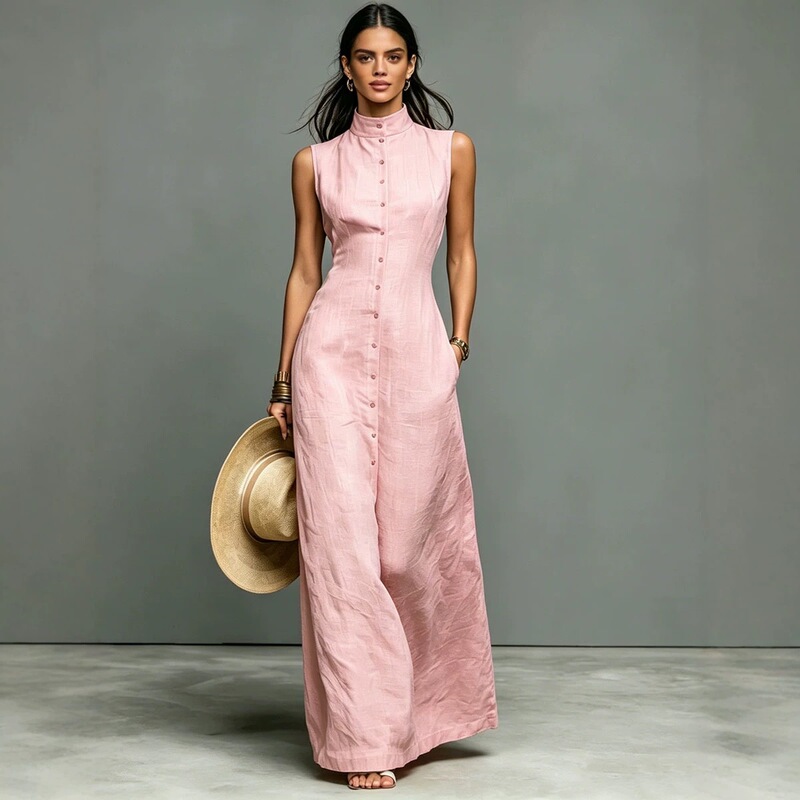 Cross-Border Amazon 2026 New Women's Minimalist Style Linen Blend Stand Collar Single-Breasted Sleeveless Maxi Dress