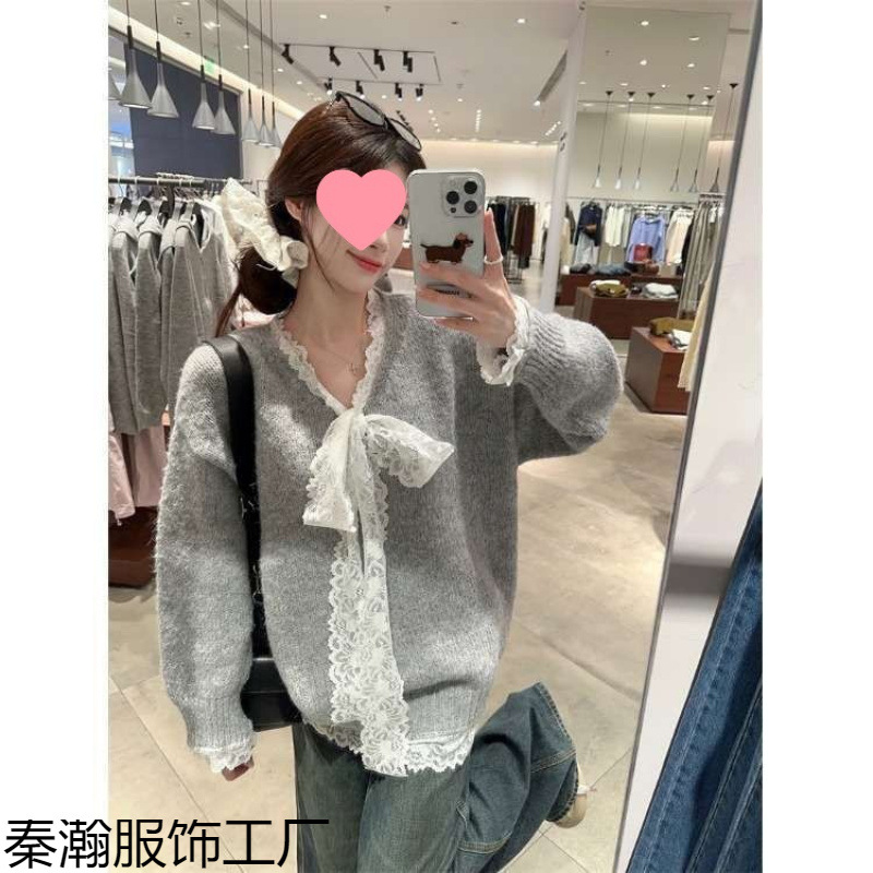 Korean Style Lazy Gray Lace Collar Sweater for Women in Autumn with Bow, Super Nice Loose Pullover Top