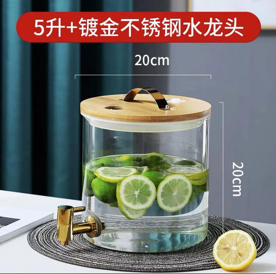 Jugo de vidrio puede beber cubo con grifo comercial limón jugo cubo gran capacidad sellada enzima cubo jugo trípode