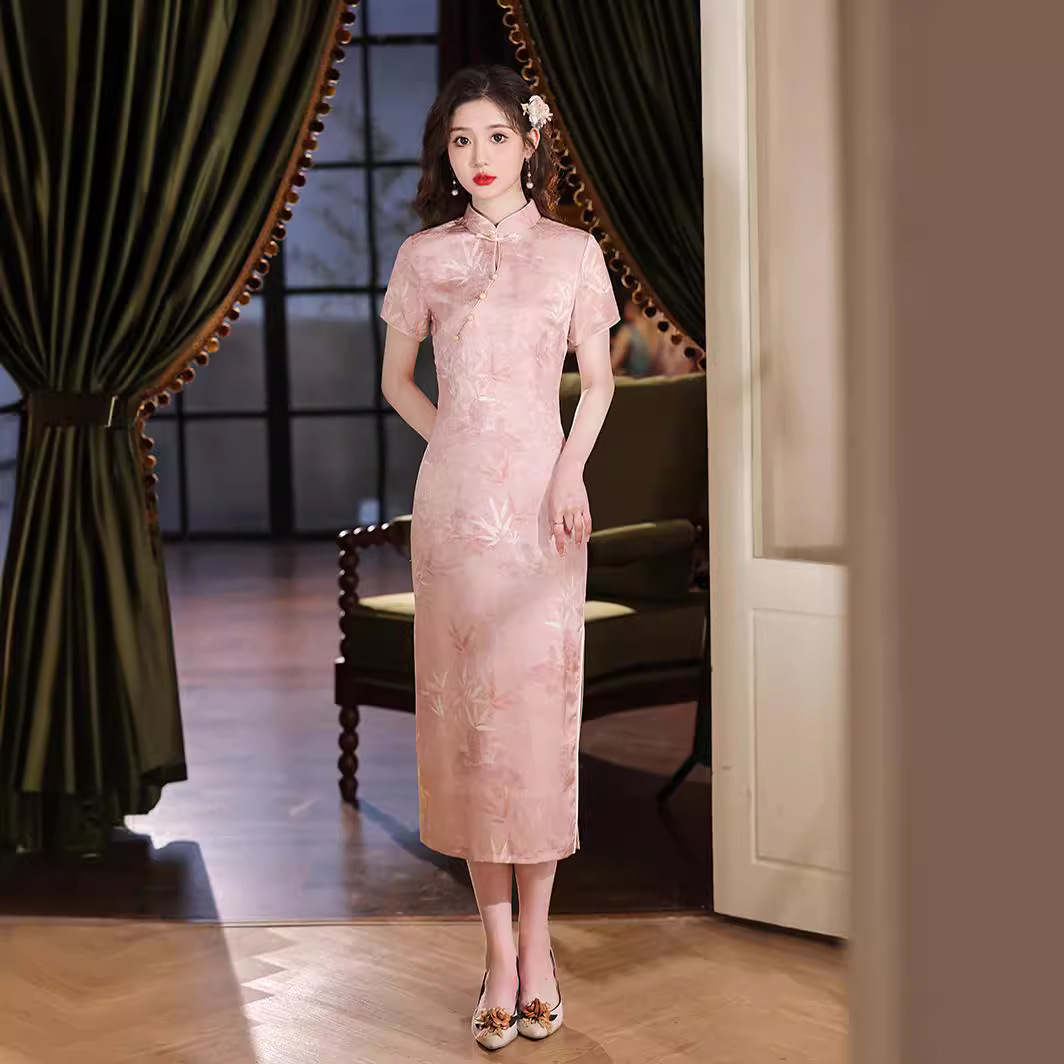 Yuetang Cheongsam 2024 New Summer Improved Pink Young Elegant Girl's Acetic Satin New Chinese Style Dress