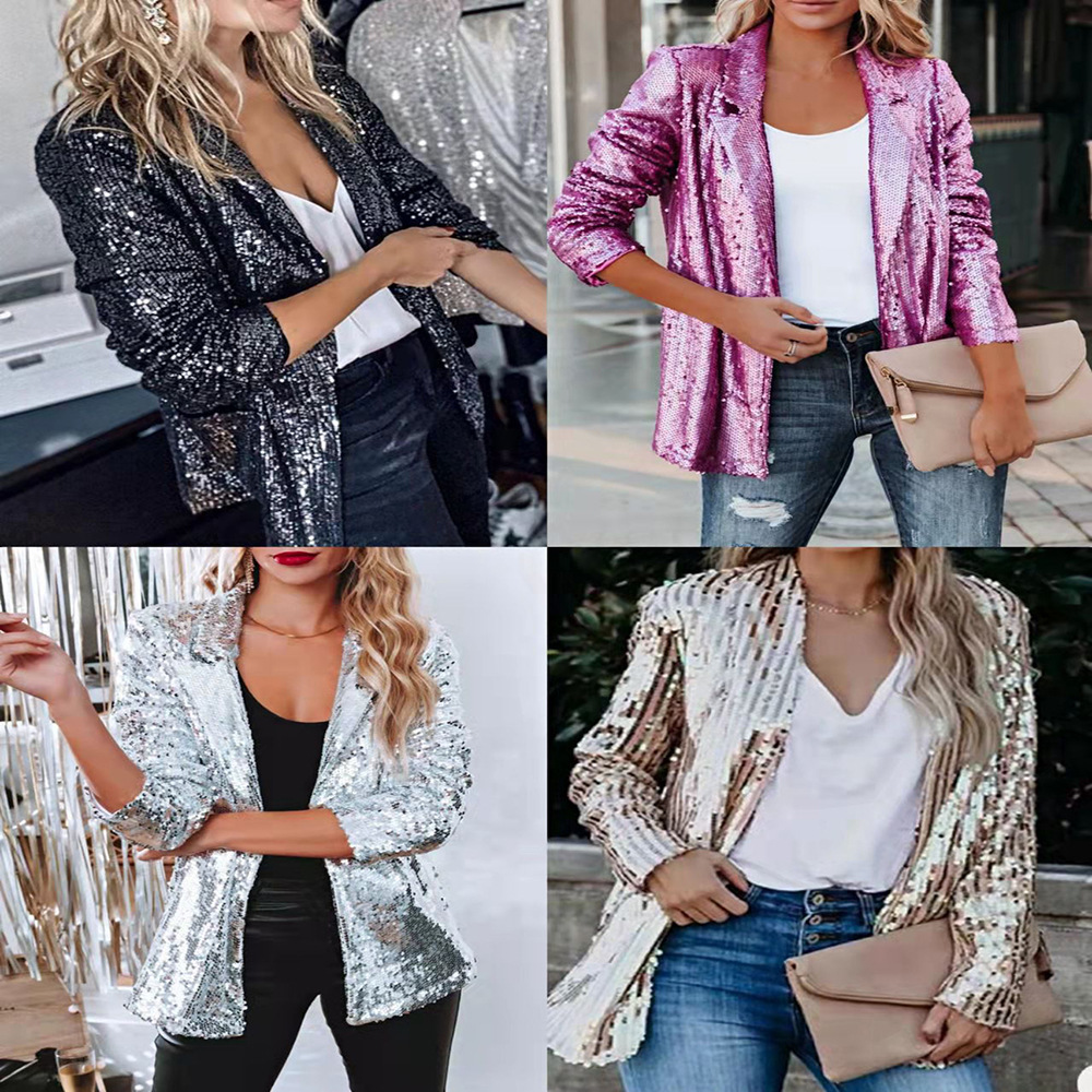 Blazer con Lentejuelas para Mujer de Mezcla de Fibra Química, Manga Larga, Con Lentejuelas, para Fiesta