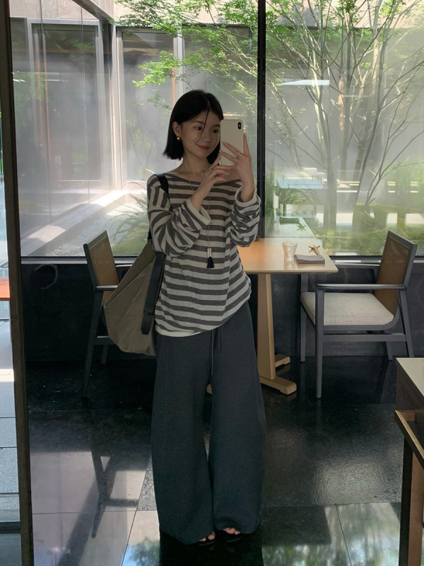 元派bluepops2025秋季新款舒适百搭阔腿裤弹力抽绳休闲长裤A5579|undefined
