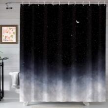 渐变黑色星空浴帘星星和新月浴室窗帘夜星空浴帘防水涤纶面料浴帘