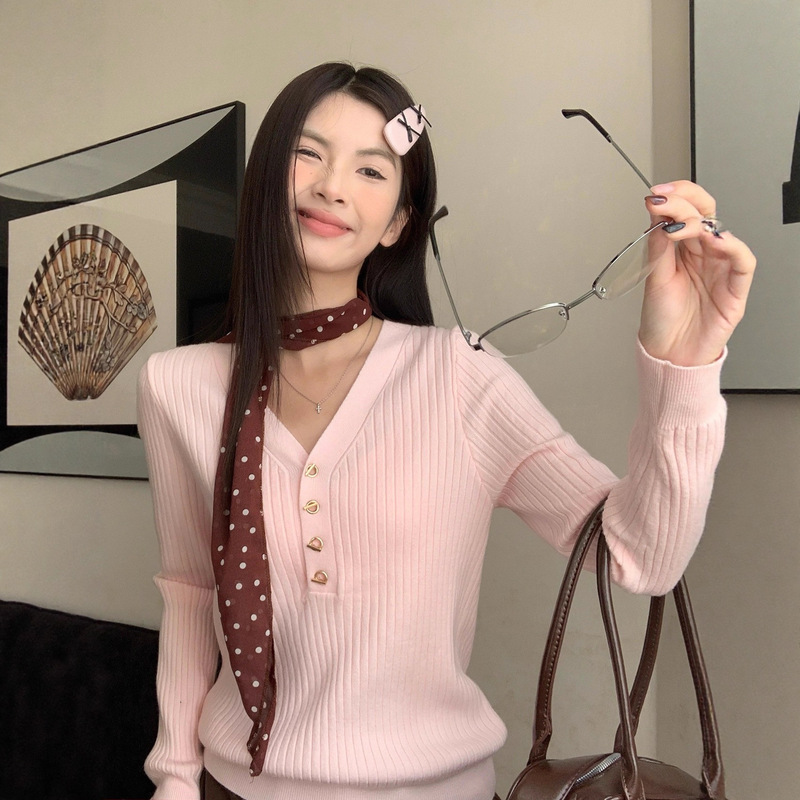 V-Neck Pink Knit Sweater 2025 New Autumn Base Layer Women's Stylish and Fashionable High-End Sweater Top