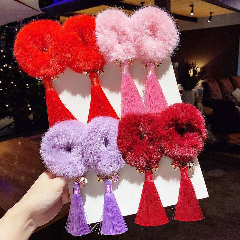 Banda de pelo estilo chino brillante rojo Año Nuevo festivo pelo cuerda felpa borla diadema niños Año Nuevo saludo tocado princesa pelo accesorios