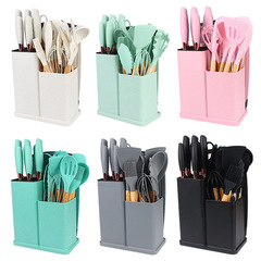 Wood handle silicone kitchen set of 19 pieces, macaron knife set including storage bucket, high-temperature resistant non-stick pan, cooking spatulas and spoons