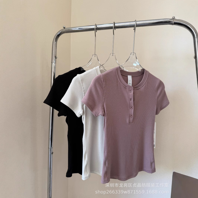 Trendy Brand Lu Same Style Henry Collar Women's High Elasticity Slimming Button Round Neck Short Sleeve T-Shirt Versatile Yoga Wear T-Shirt for Women Trendy Brand Lu Same Style Henry Collar Women's High Elasticity Slimming Button Round Neck Short Sleeve T-Shirt Versatile Yoga Wear T-Shirt for Women