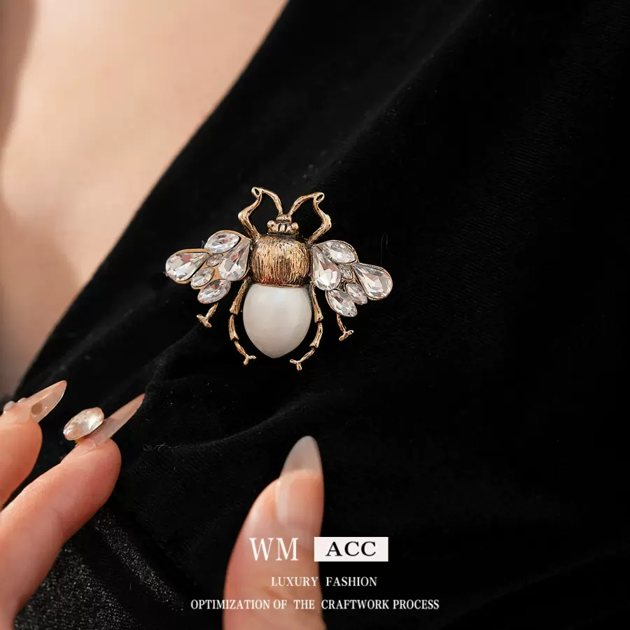 中古vintage镶钻知了珍珠胸针高级感轻奢别针时尚复古服饰配件女