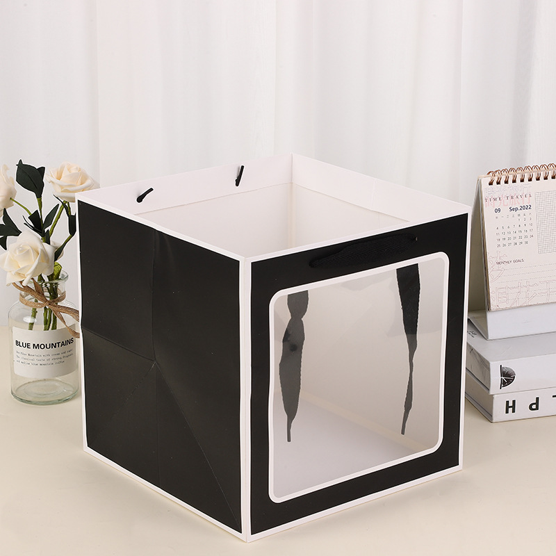 Bolsa de embalaje cuadrada engrosada flores boda bolsa de regalo de fondo ancho ventana transparente bolsa de regalo portátil bolsa de papel al por mayor