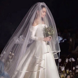 Bridal Wedding Veil 3m Long 3m Wide Double-Layer Satin Ribbon Edge Long Trailing Veil Photography Simple Veil