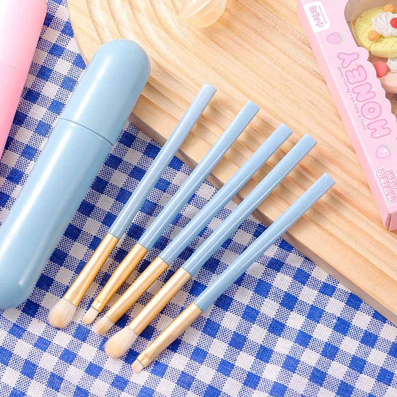 Macaron 5 conjuntos de cepillo de sombra de ojos, paquete de cepillo de maquillaje portátil azul 5 en 1, cepillo de alto brillo, cepillo de halo