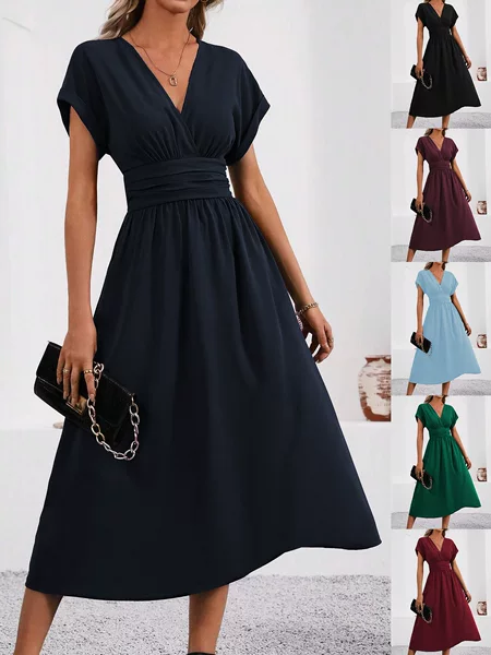 Women's Summer Solid Color Overlapping V-Neck Bat Sleeve Pleated Waist Long Elegant dress Women's Long Dress