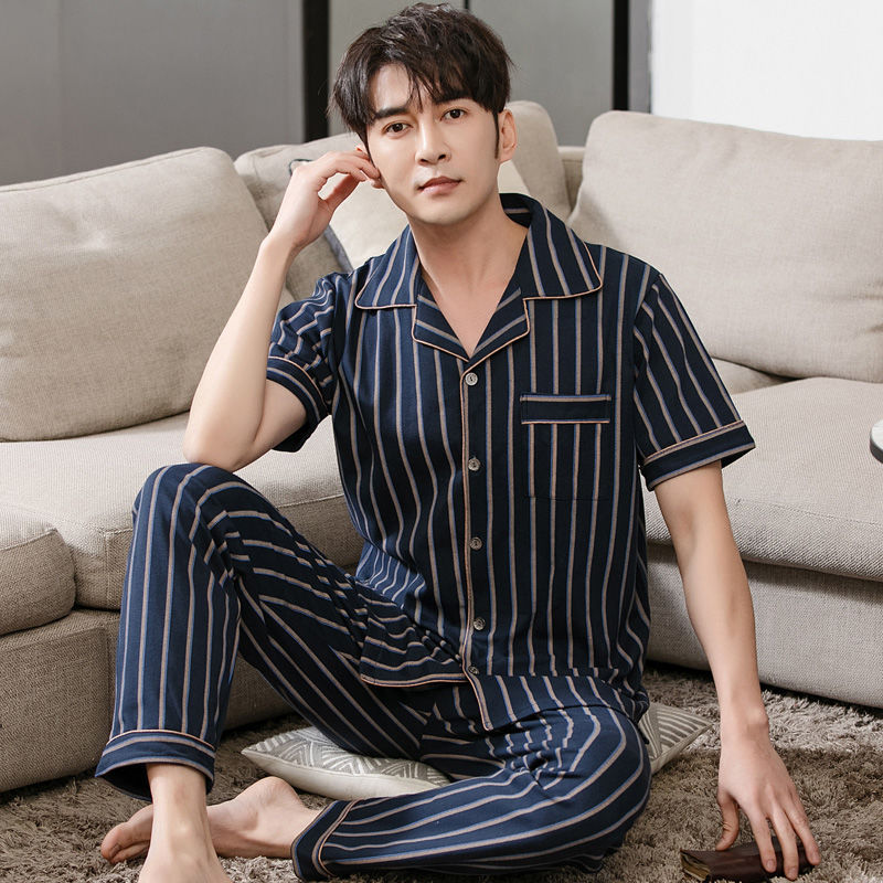 Pijamas de los hombres de verano 100% algodón pantalones de manga corta de media manga de primavera y otoño delgada cardigan ropa para el hogar más tamaño