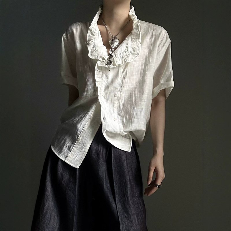 Retro Palace-Style Short-Sleeved Shirt for Men and Women, Summer Lotus Leaf Collar Lace French Ruffle Unisex Shirt