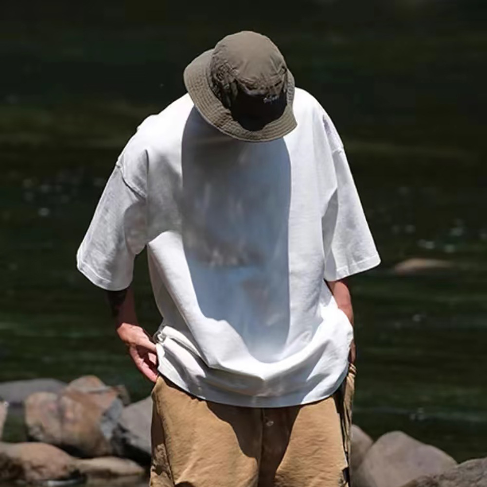 330g pesado hombro americano camiseta de manga corta de hombre luz cuello pequeño cuello redondo algodón suelto hip-hop chaqueta de moda