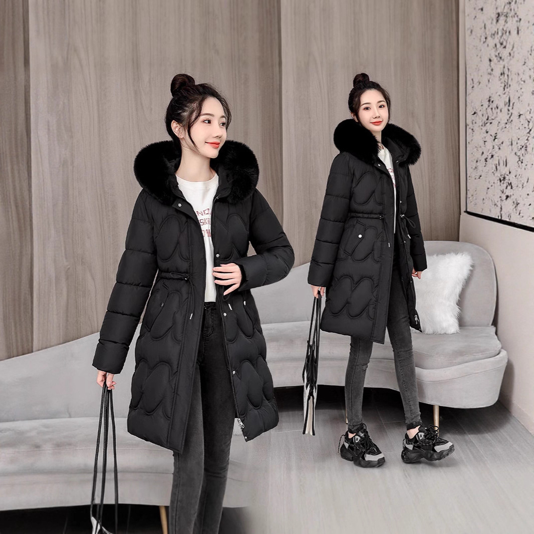 Comercio exterior 2025 nuevo algodón de invierno para mujeres largo delgado con capuzas cuello de lana de gran tamaño chaqueta de algodón chaqueta de mujer